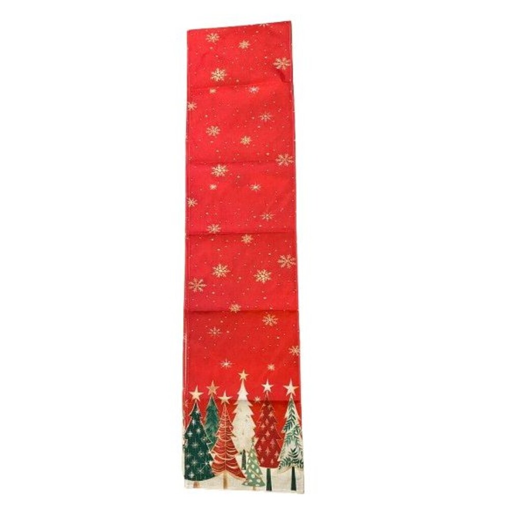 Christmas Table Runner 13x108in Woven Polyester Red Trees Snowflakes